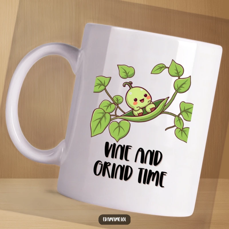 Funny pea pod mug with anthropomorphic charm, happily sliding down a vibrant leafy vine, bringing whimsical joy.