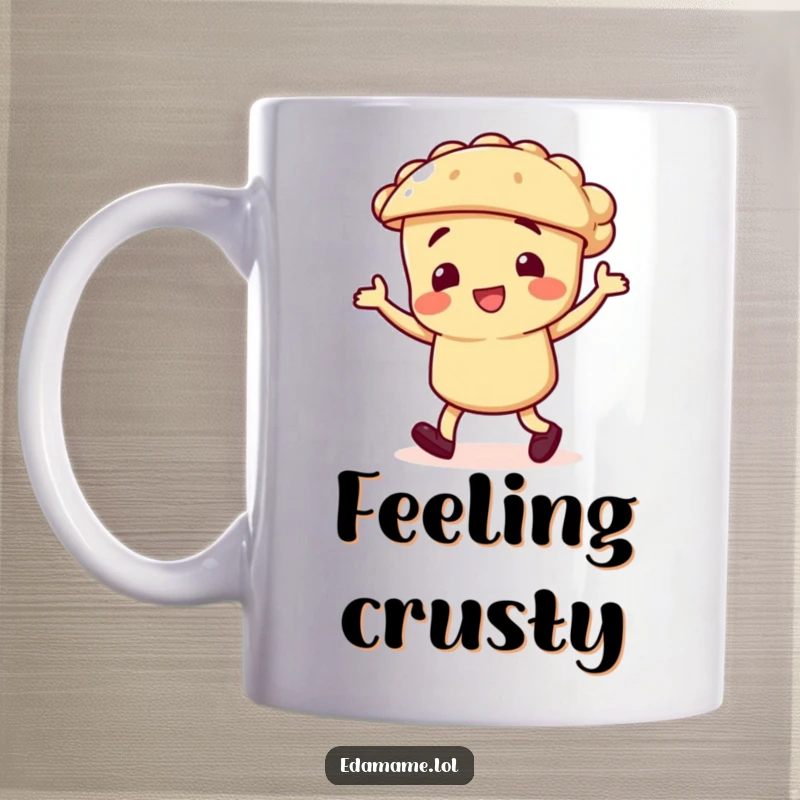 Funny mug of a smiling pie character doing a joyful jig, with little legs kicking up, exuding pure dessert delight.