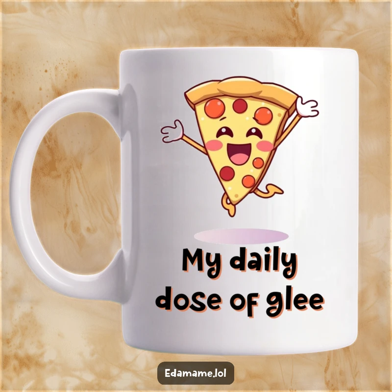 Funny Pizza Slice Mug of a happy character jumping with joy, celebrating deliciousness, perfect for pizza party gifts.