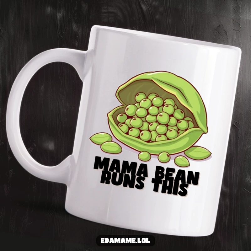 Funny mug depicting a large, caring edamame pod shielding smaller beans, symbolizing protection and family.