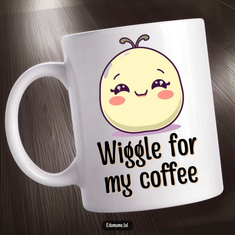 Funny mug showing a happy bean pod with wide eyes wiggling with excitement, perfect for gifting.