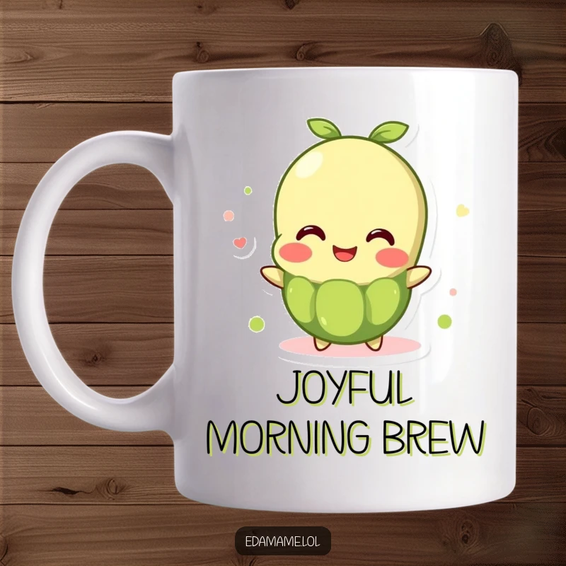 Funny Mug: A bubbly, anthropomorphic edamame bean character overflows with visible joy and positive energy.