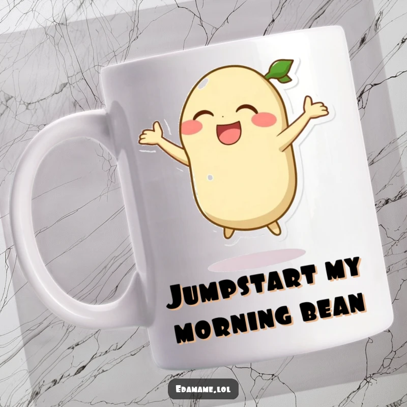 Funny mug featuring a laughing edamame pod character mid-silly jump, spreading joy and humor with every sip.
