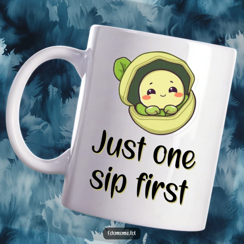 Funny mug featuring a timid edamame bean peeking shyly from an open pod, with a sweet, bashful expression.