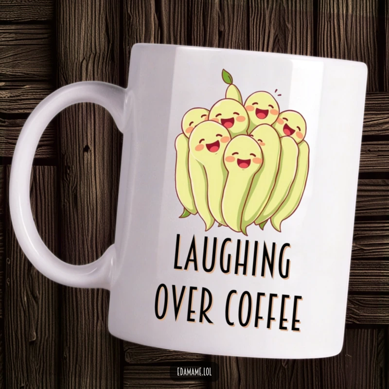 Funny cluster of edamame beans laughing together heartily on a mug. Joyful and humorous, an excellent funny gift.
