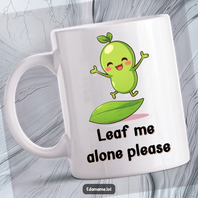 Funny green bean character energetically bouncing on a vibrant green leaf, showcasing pure joy and movement.