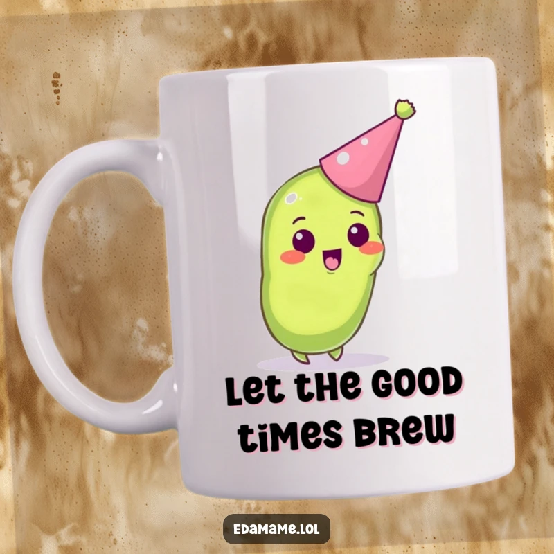 Funny mug featuring an excited anthropomorphic edamame pod wearing a tiny party hat, ready to celebrate.