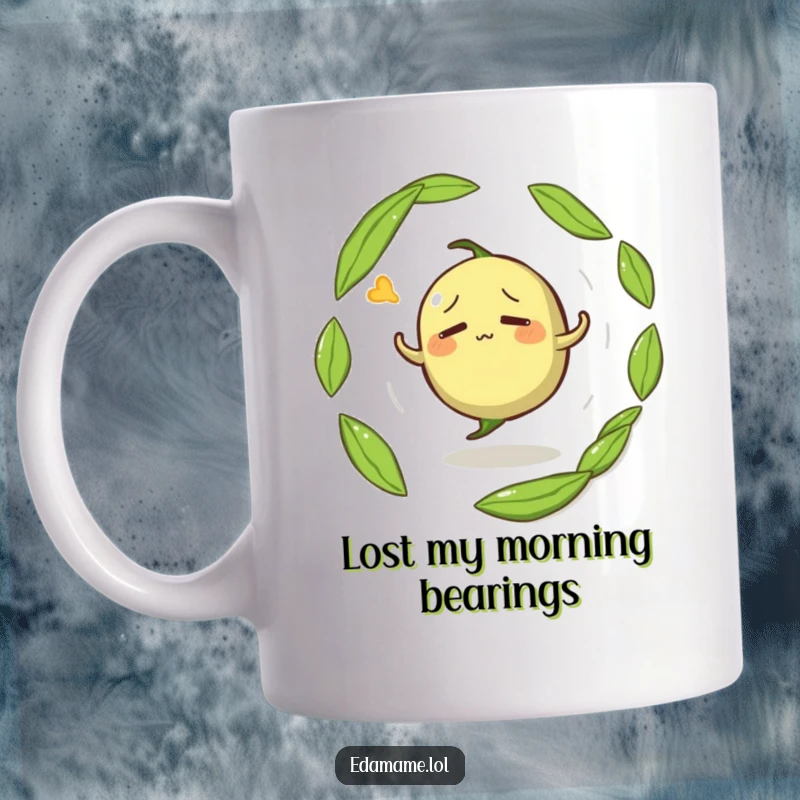 Funny mug featuring a confused anthropomorphic edamame pod spinning in circles, looking delightfully dizzy and bewildered.