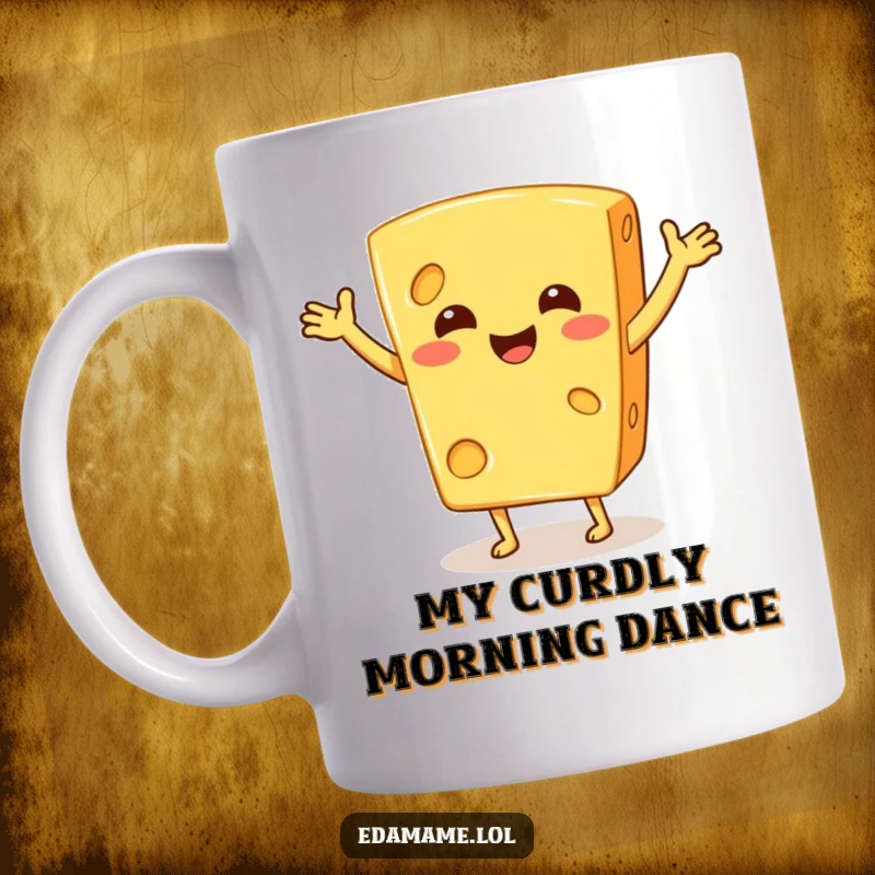 Funny cheese mug featuring a smiling, arm-waving cheese wedge performing a silly jig, radiating pure joy and humor.