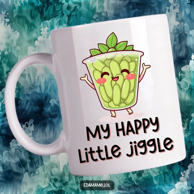 Funny mug featuring a smiling cup of edamame joyfully dancing, spreading happiness and good vibes.