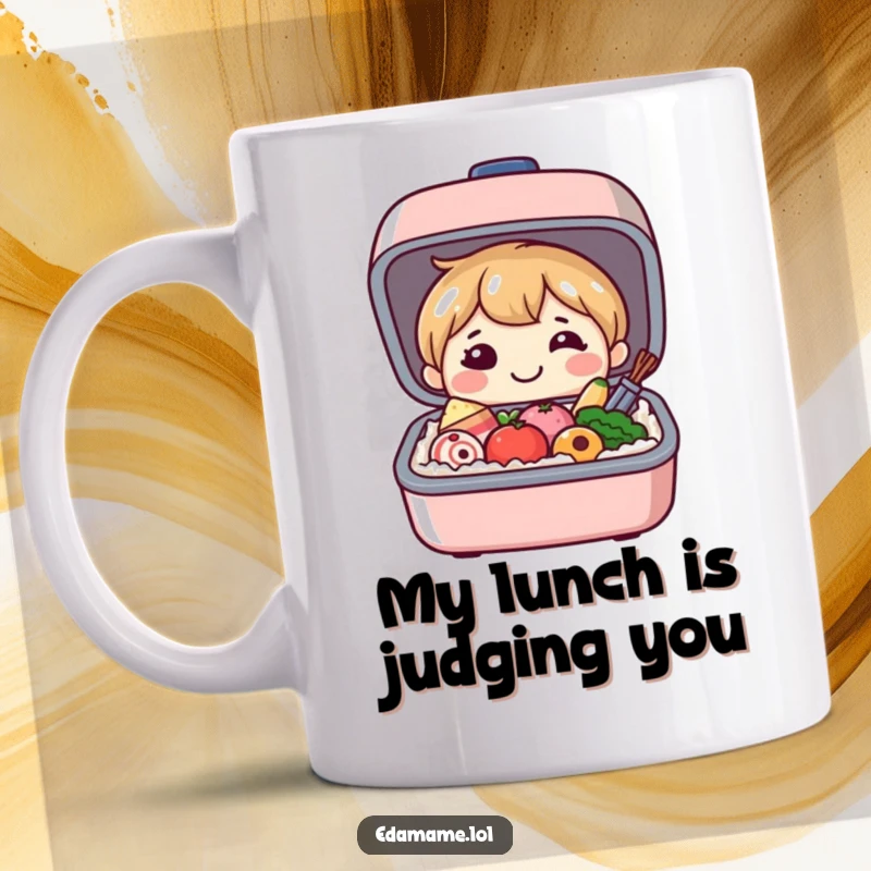 Funny mug with a smiling bento box character opening up to reveal a delightful assortment of tiny, happy food items, bringing cheer to any desk.