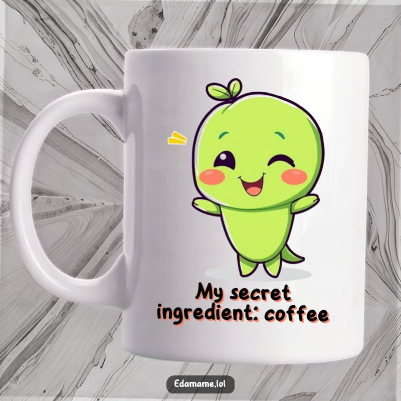 Funny mug with a delighted edamame bean character giving a playful wink, radiating mischief and charm, a perfect funny gift.