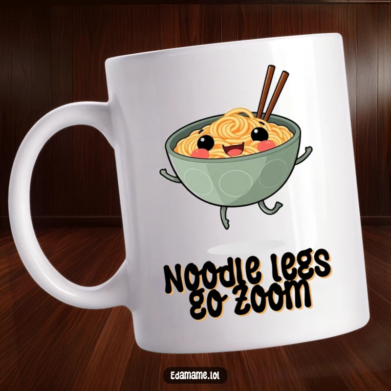 Funny mug with a smiling ramen bowl on legs happily skipping, conveying pure joy and a love for delicious noodles.