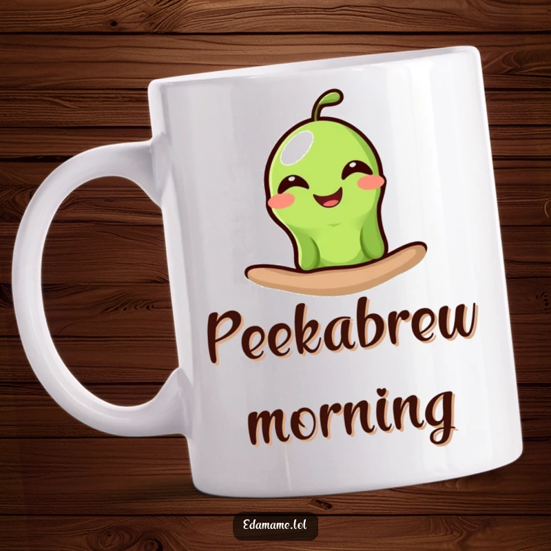 Funny edamame bean mug showing a single green bean peeking out with a wide, infectious grin, perfect for a cheerful start.