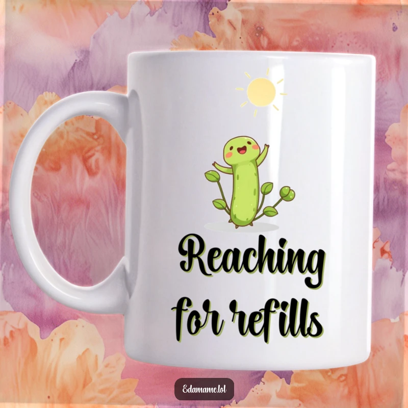 Funny edamame shoot joyfully reaching towards the bright sun on a mug. Optimistic and humorous, an excellent funny gift.