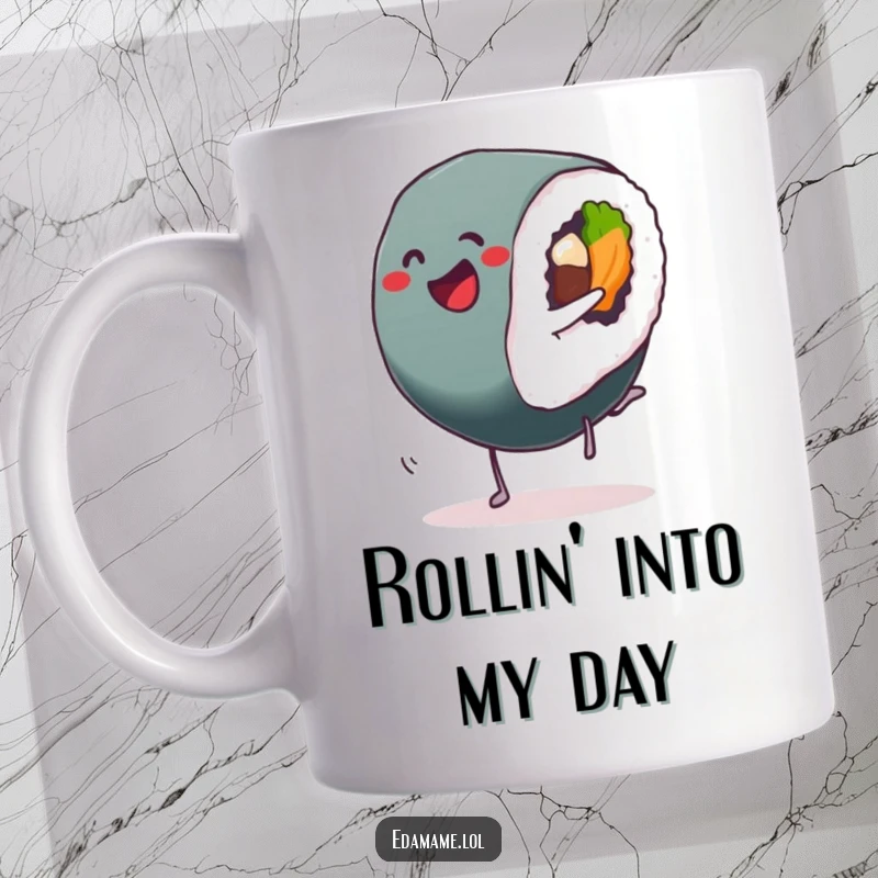 Funny Sushi Roll Mug with a delighted Sushi performing a dynamic cartwheel, symbolizing fun and energy