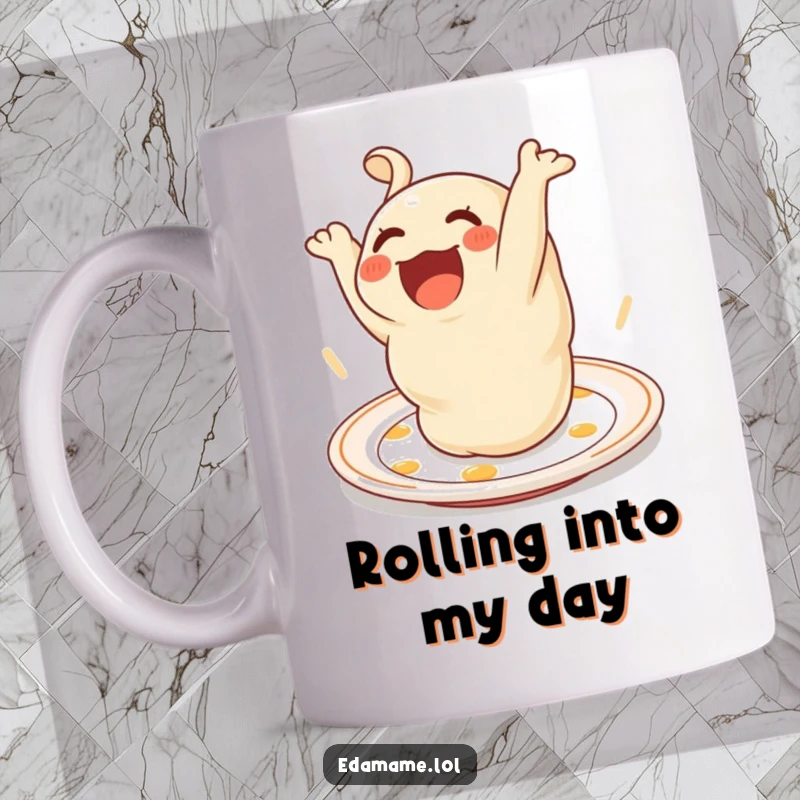 Funny Mug featuring a delighted dumpling character performing a happy somersault on a plate, full of joy.