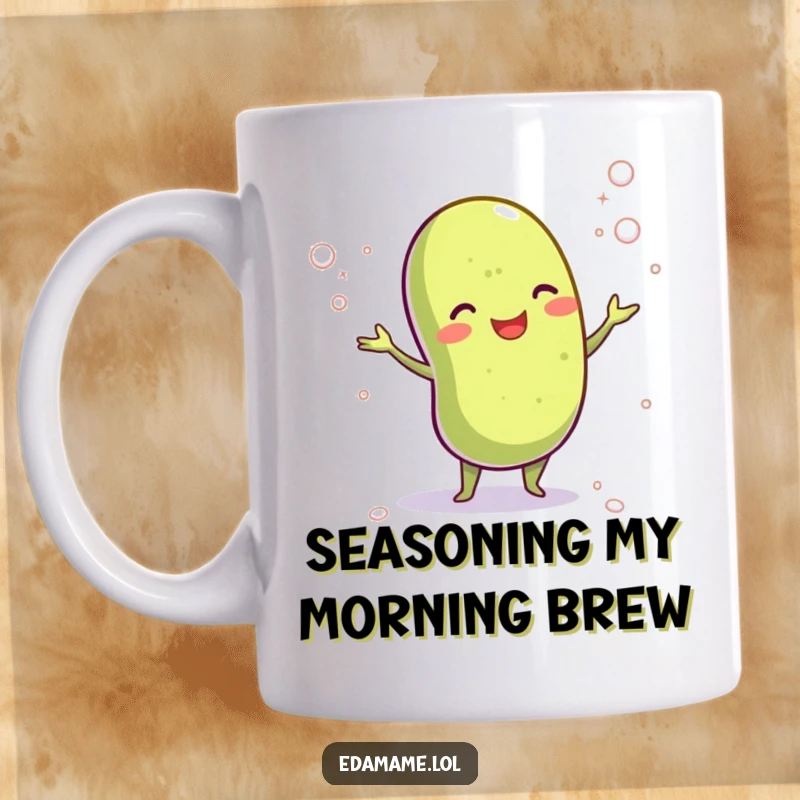 Funny mug with a cheerful edamame bean character skillfully juggling tiny salt crystals, adding a playful and savory touch, a great gift.