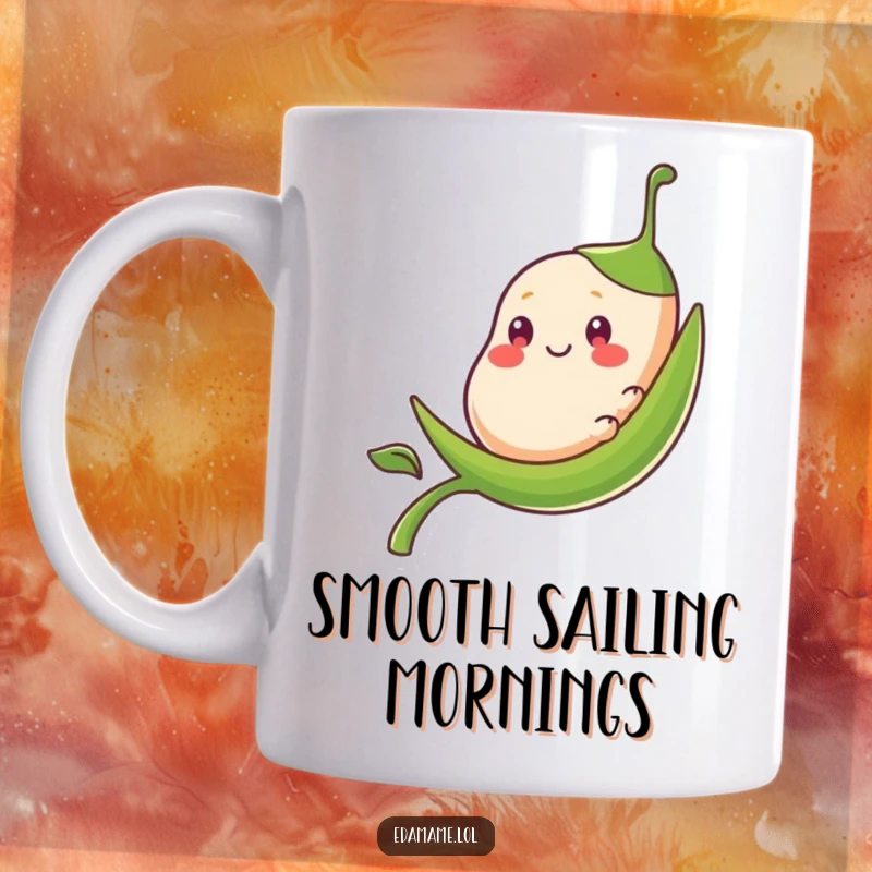 Funny smiling bean pod character gracefully sliding down a smooth, green stalk, captured on a mug.