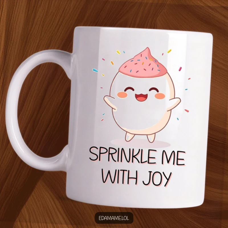 Funny Mug featuring a giggling mochi character doing a bouncy jig, with sprinkles flying, spreading pure delight.