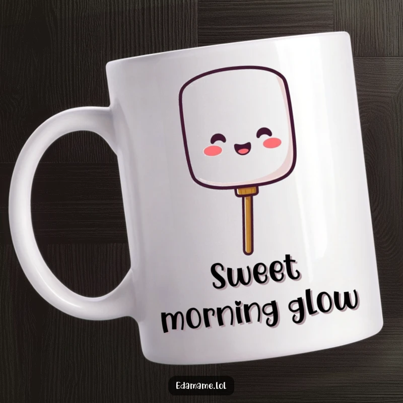 Funny mug featuring a cheerful, slightly roasted marshmallow character happily popping off a stick, radiating warm, gooey joy.