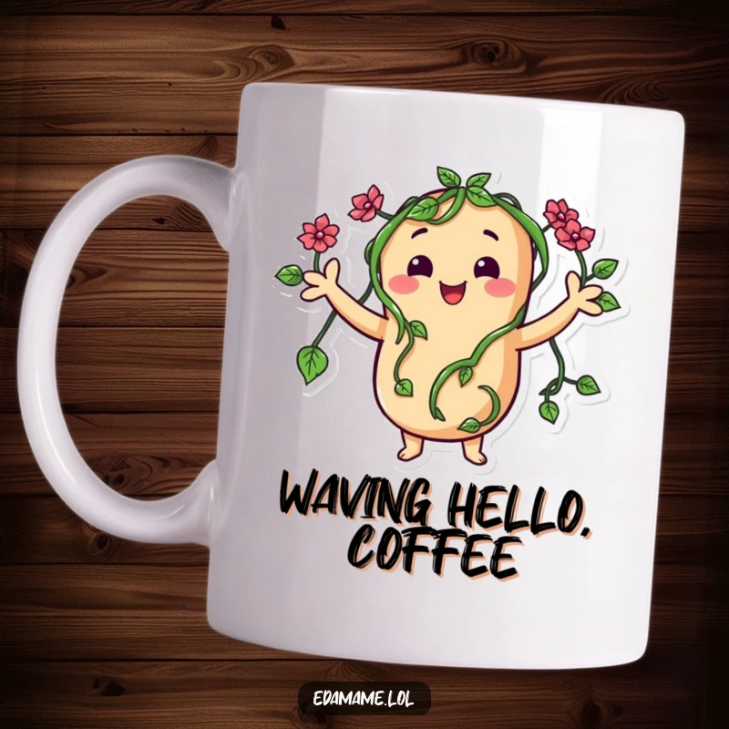 Funny mug featuring a happy bean character whose quirky arms are made of green vines, waving enthusiastically.