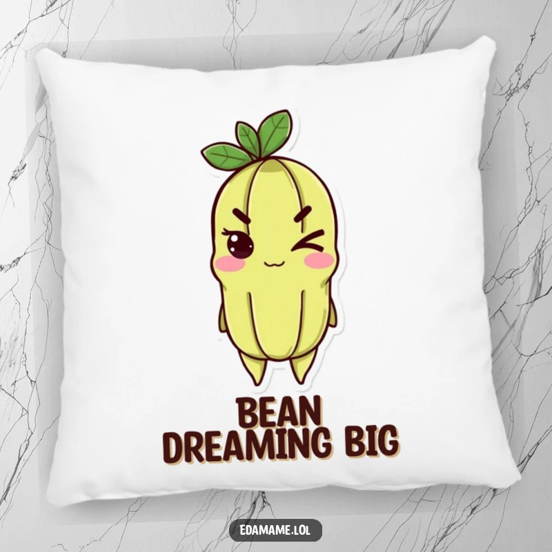 Funny edamame pillow with a cheerful character giving a determined wink, offering soft comfort and humor.