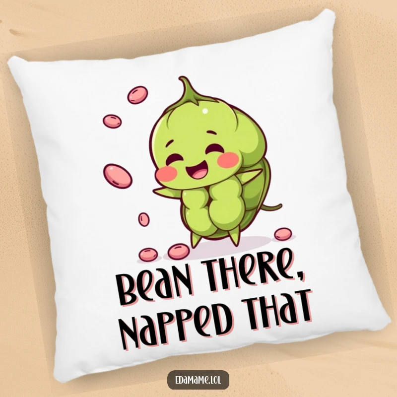 Funny edamame pod pillow artfully juggling smaller beans, soft and decorative for a humorous touch.