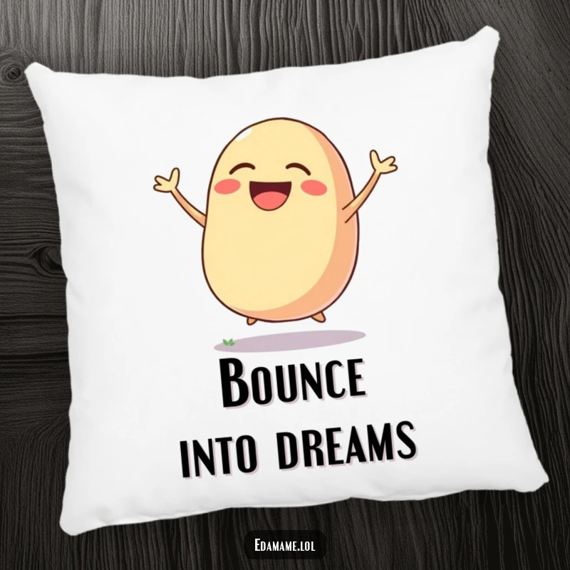 Funny pillow featuring a laughing bean pod in mid-jump, offering comfort and a dose of humorous, joyous veggie vibes.