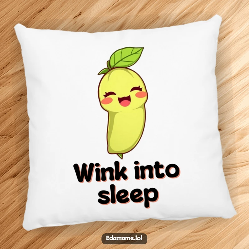 Funny pillow featuring a cute edamame bean giving a joyful wink with its leafy top, offering cozy comfort and a friendly design.