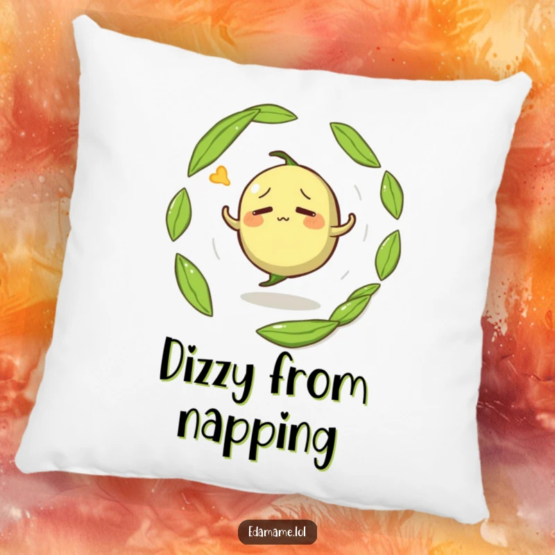 Funny pillow featuring a confused anthropomorphic edamame pod spinning in circles, perfect for cozy relaxation.