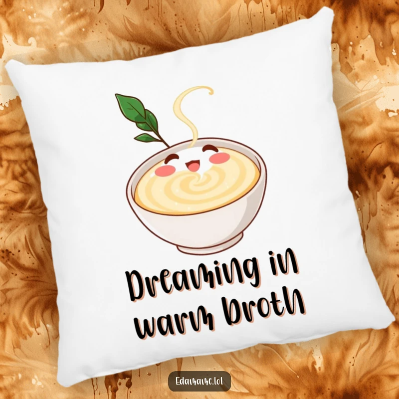 Funny pillow with a gleeful dashi broth character swirling happily in a bowl, offering comfort and a touch of culinary delight.