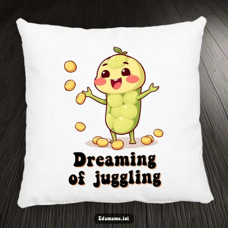 Funny pillow featuring a cheerful anthropomorphic edamame pod juggling multiple small beans, providing comfort and humor.