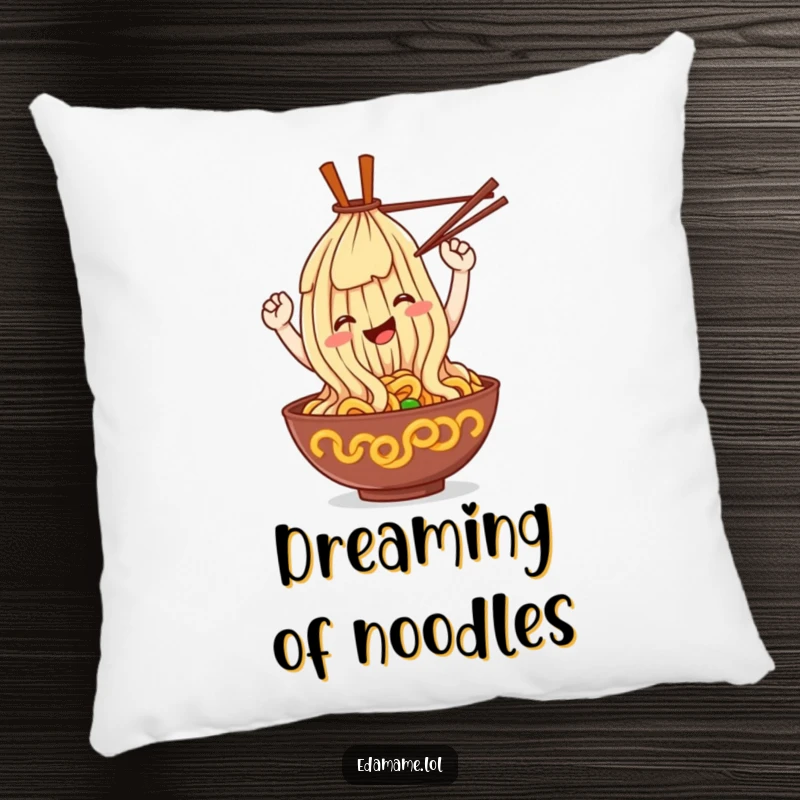 Funny ramen noodle pillow, a smiling noodle character looping with chopsticks, soft and decorative cushion.