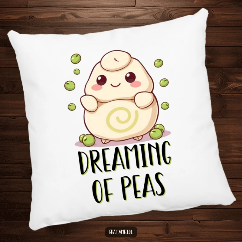 Funny decorative pillow featuring a happy dumpling with a swirl pattern juggling peas, offering comfort and a playful food-themed aesthetic.