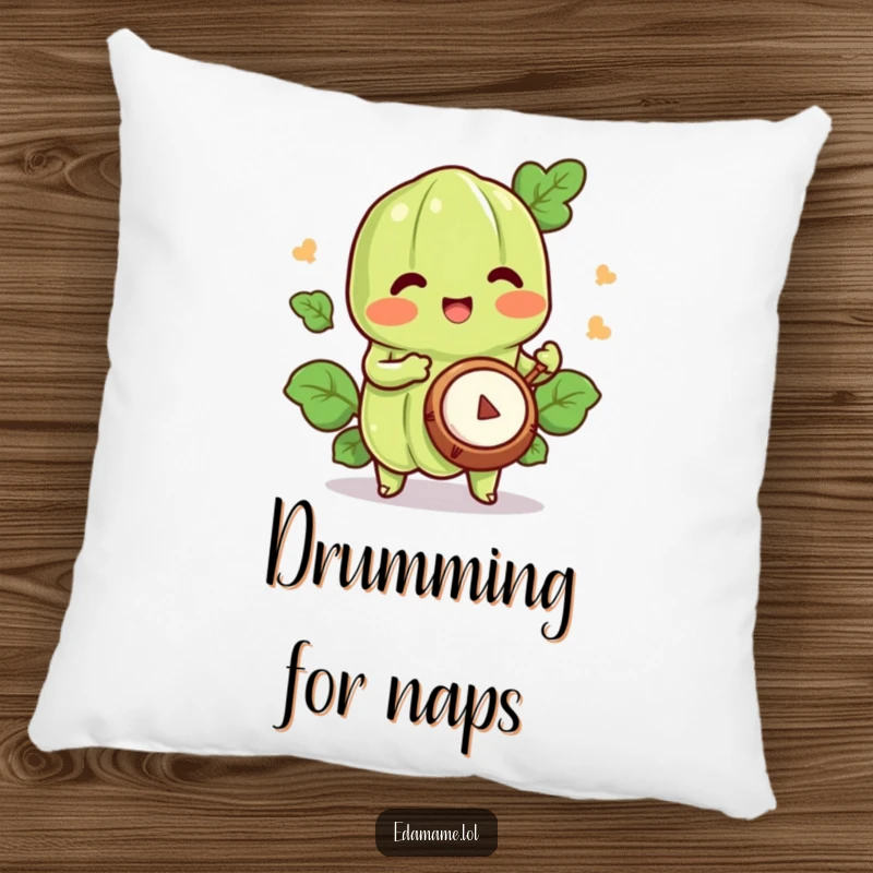 Funny edamame pillow featuring a happy character playing a tiny drum, offering soft comfort and musical cheer.