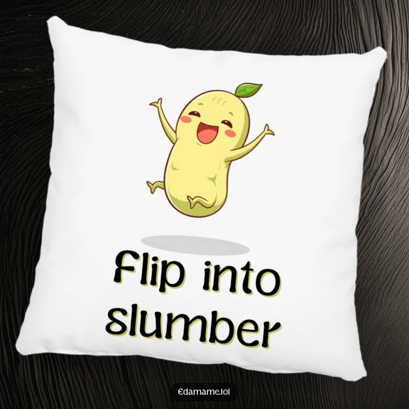 Funny edamame pillow featuring a green pod with tiny legs doing a joyful cartwheel, offering plush comfort and humorous appeal.
