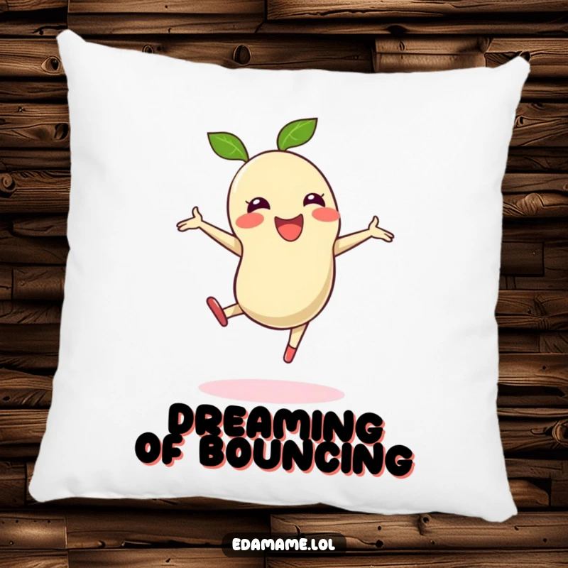 Funny pillow featuring an edamame bean in a dynamic cartwheel pose, bringing comfort and energetic charm.