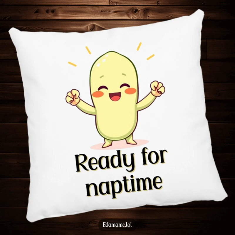 Funny cheering edamame bean pillow, a soft cushion with a small green bean character raising tiny fists in a supportive cheer.