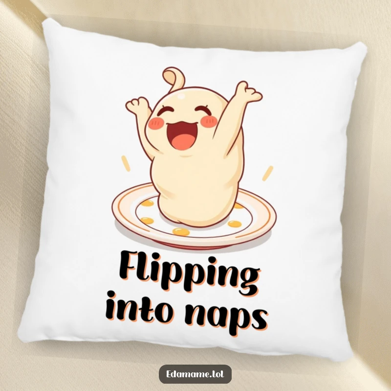Funny Pillow featuring a delighted dumpling doing a somersault on a plate, soft, cuddly, and humorous.