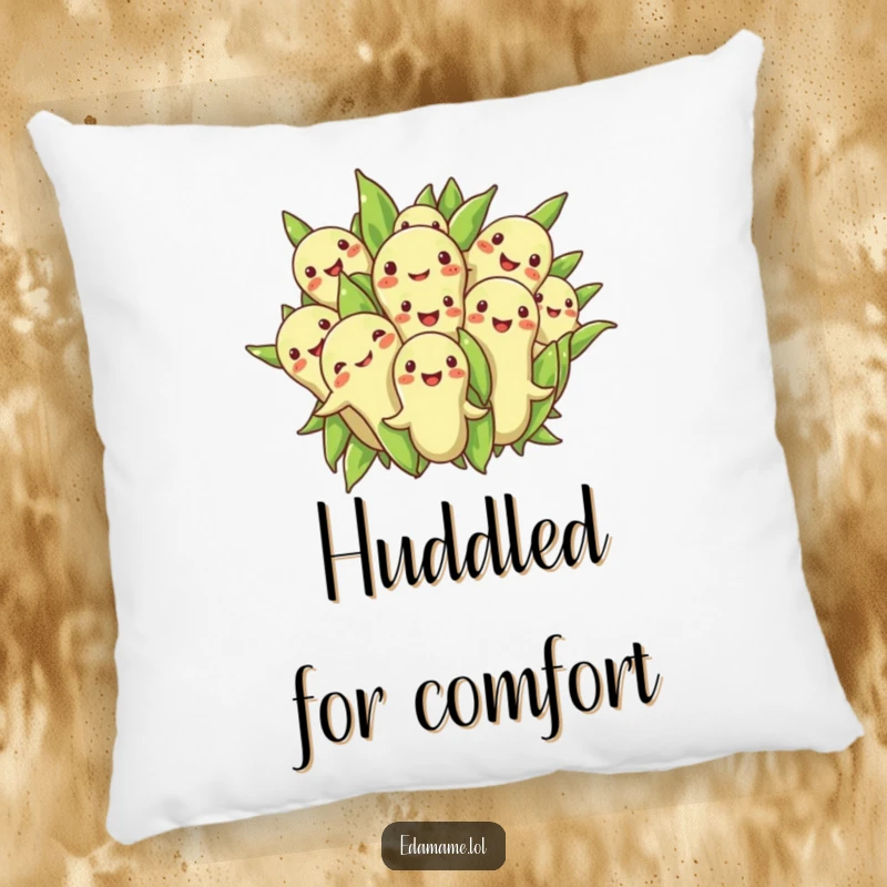 Funny pillow featuring a group of edamame beans in a cheerful huddle, offering comfort and a sense of togetherness.