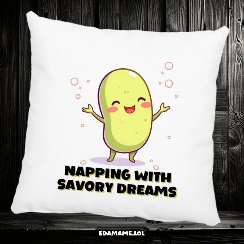 Funny decorative pillow with a cheerful edamame bean juggling salt crystals, offering comfort and a humorous, food-themed touch.