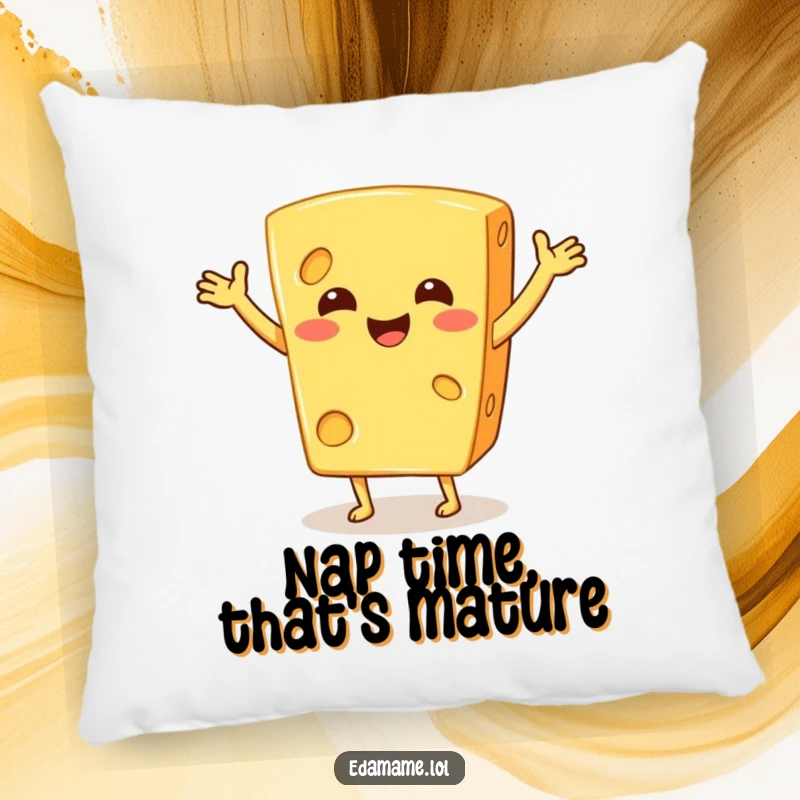 Funny pillow with a smiling, dancing cheese wedge, offering plush comfort and a dose of comical dairy delight.