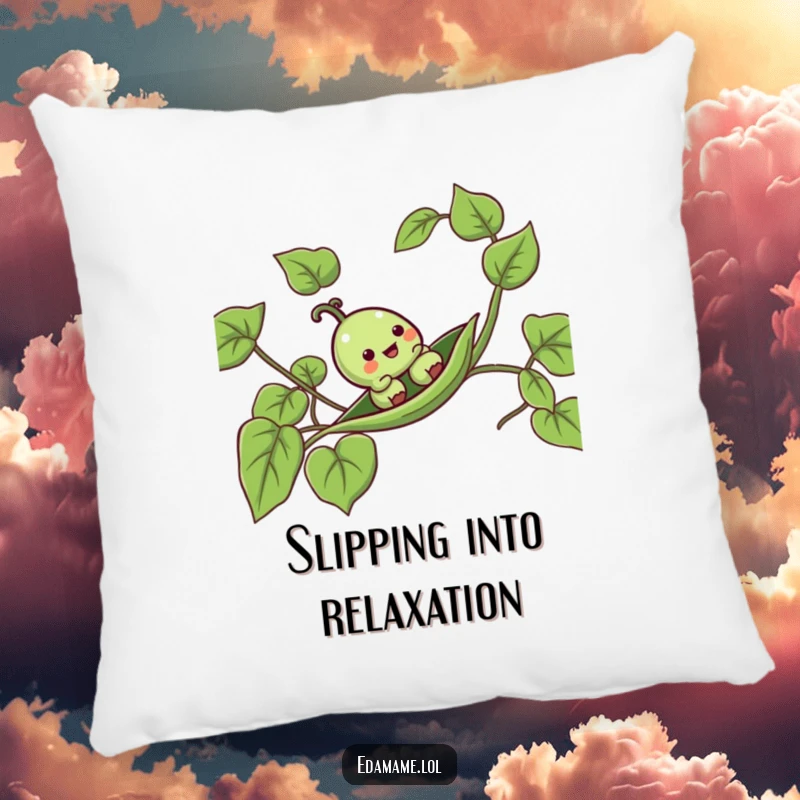 Funny pea pod pillow featuring a content anthropomorphic pod joyfully sliding down a leafy vine, adding comfort and humor.
