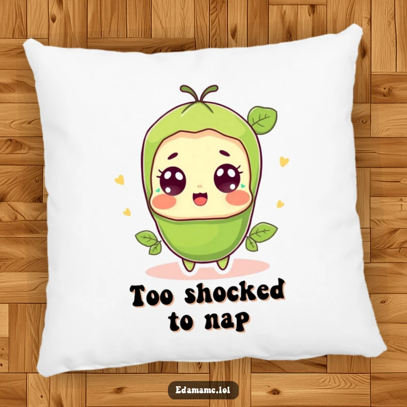 Funny surprised edamame pod pillow, a soft cushion featuring a shocked, happy edamame character with large, wide eyes.