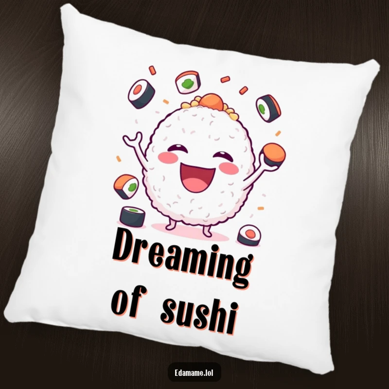 Funny Pillow with a joyful rice ball character juggling sushi, offering comfort and a dose of playful humor.