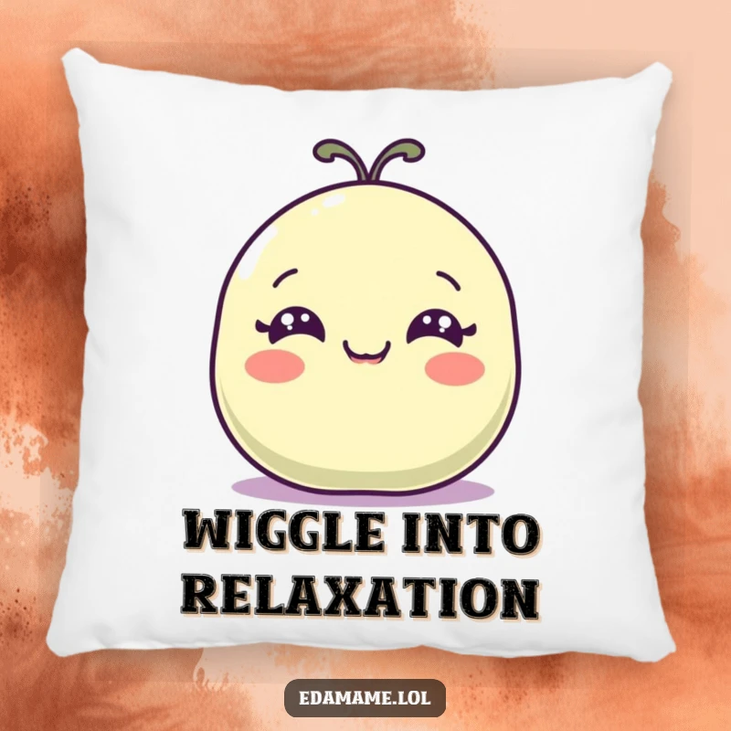 Funny pillow with a happy bean pod with wide eyes wiggling, soft and humorous home decor.