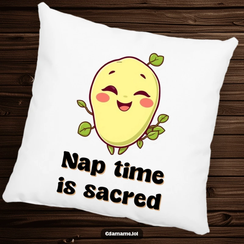 Funny pillow featuring a cute, smiling edamame bean with a playful wink, perfect for adding comfort and humor.