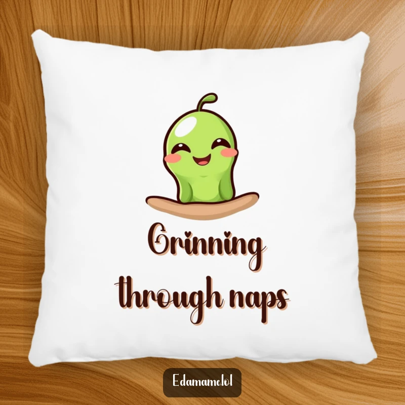 Funny edamame pillow featuring a single green bean peeking out with a wide, happy grin, offering plush comfort and humorous appeal.