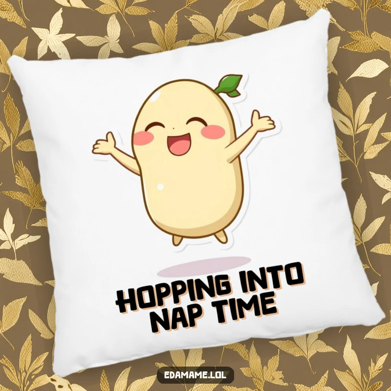 Funny pillow with a laughing edamame pod character captured in a comical, silly jump, perfect for adding cheer.